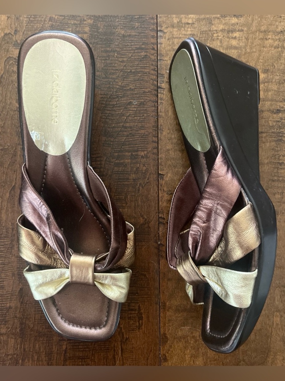 Vintage Liz Claiborne "Faye"  gold and bronze wedge slide sandals sz. 8